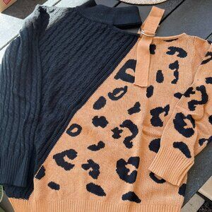NIB SZL Amazon Leopard & Cable knit shoulder cutout sweater